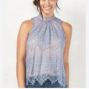 LC Lauren Conrad Women’s Blue Beige Mock Neck Sleeveless Layered Lace Top